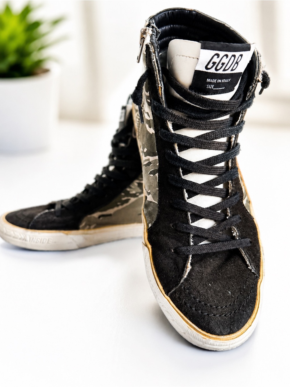 Golden Goose Slide Black and Olive Camouflage High-Top Italian Sneakers Size 9